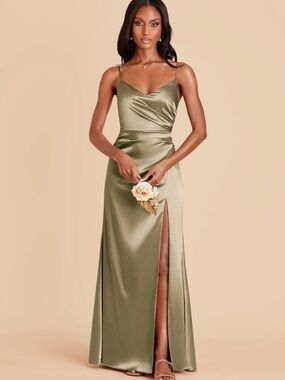 Birdy Grey Sage Olive Green Satin Ruched Slit Bridesmaid Evening Gown